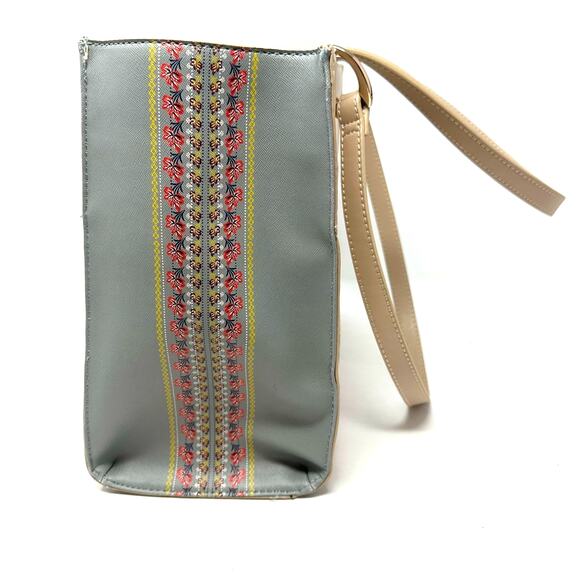 Spartina 449 Designer‎ Hand Bag Tan Blue Floral Leather Purse Snap Close Tassels - Picture 4 of 9
